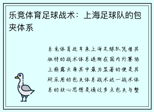 乐竞体育足球战术：上海足球队的包夹体系